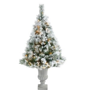 Nearly Natural 56-in Flocked Oregon Pine Artificial Christmas Tree with 100 Clear Lights and 215 Bendable Branches in Decorative Urn - 1 of 3