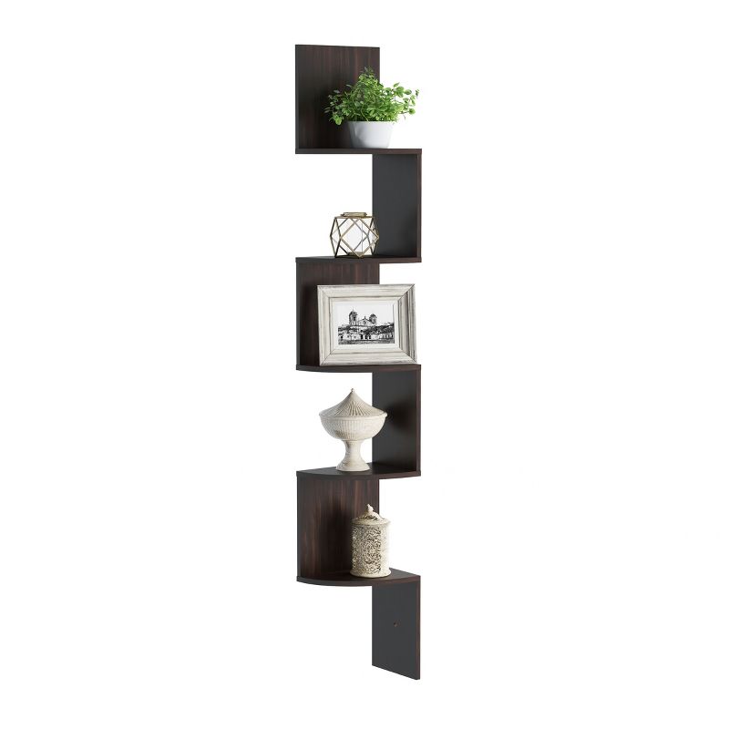 Floating Corner Shelf- 5 Tier Wall Shelves with Hidden Brackets to Display Décor, Books, Photos, More- Hardware Included by Lavish Home (Dark Brown), 3 of 9