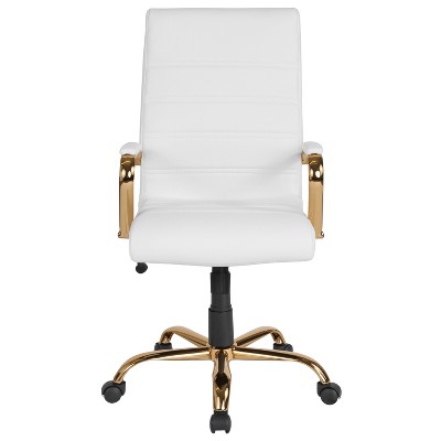High Back White Leather Executive Swivel Office Chair with Gold Metal Frame