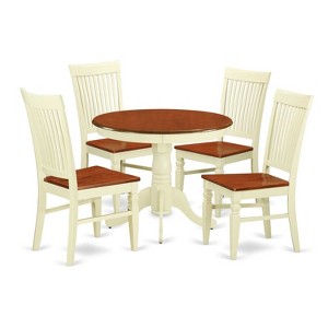 Rustic Dining Set 5 Piece - Kitchen Table & 4 Chairs - Round Table with Wood Seats - Farmhouse Style - 1 of 4