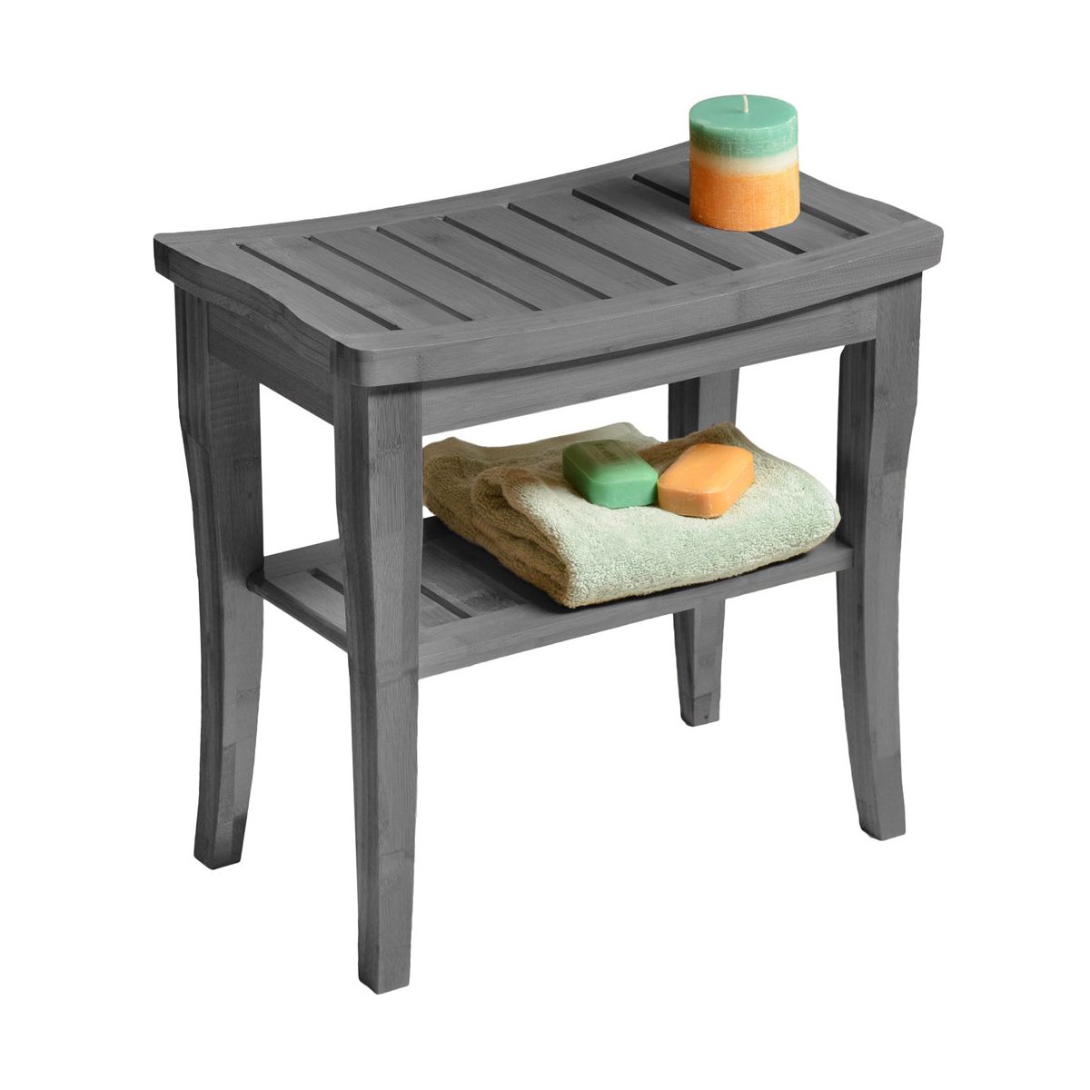 Bamboo Shower Bench Spa Stool - Wood 2-Tier Seat, Foot Rest Shaving Stool with Non-Slip Feet + Storage Shelf For Bathroom, Living Room, Bedroom, Grey