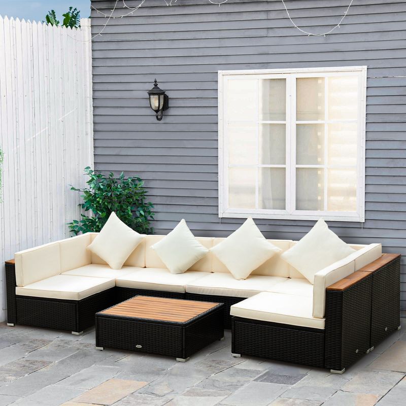 Outsunny 7-Piece Outdoor Wicker Sofa Set, PE Rattan Sectional Furniture Patio Couch w/ Acacia Top Coffee Table & Cushion for Garden, Backyard,, 2 of 7