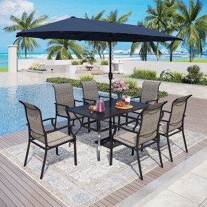 Captiva Designs 8pc Outdoor Dining Rectangle Steel Table & Padded Sling Armchairs & Market Umbrella - 1 of 4