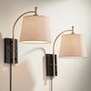 360 Lighting Chester Modern Swing Arm Wall Lamps Set of 2 Brass Black Plug-in Light Fixture Tan Drum Shade for Bedroom Bedside Living Room Reading - 2 of 4