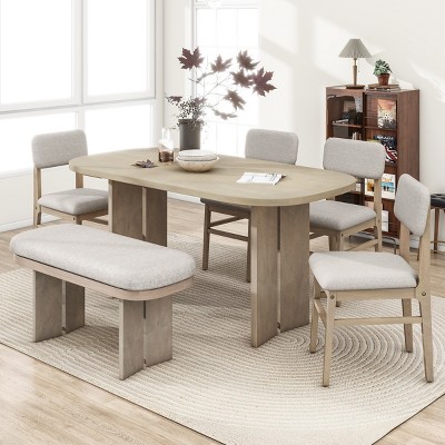 6-Piece Dining Set for 6 ,Oval 65" Dining Table with Upholstered Dining Chairs and Dining Bench for Dining Room, Living Room-Tanpinhause