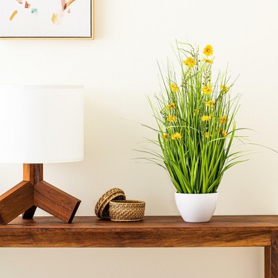 31" Elegant Outdoor Faux Yellow Cosmos & Green Grass Arrangement