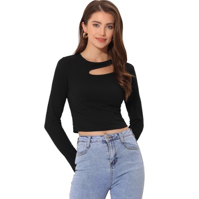 Allegra K Women's Casual Long Sleeve Cut Out Slim Fitted Basic Crop Tops  Black X-small : Target