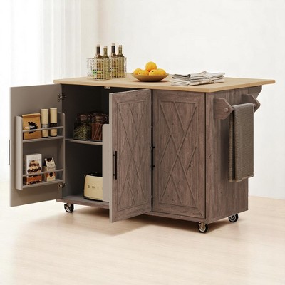 51.2" Farmhouse Kitchen Island Cart with Drop Leaf, Internal Storage Racks, Towel Rack, Adjustable Shelves, Rolling Island with Locking Wheels