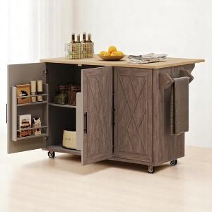 51.2" Farmhouse Kitchen Island Cart with Drop Leaf, Internal Storage Racks, Towel Rack, Adjustable Shelves, Rolling Island with Locking Wheels - 1 of 4
