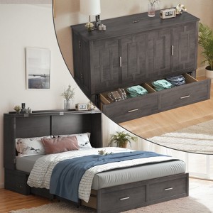 Murphy Bed Cabinet with Foldable Mattress, Queen Murphy Bed with Charging Station, Drawers - 1 of 4