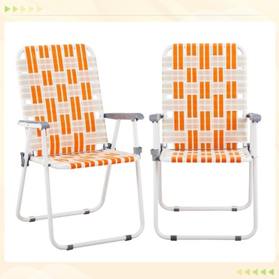 DOMETOUR Set of 2 Webbed Folding Beach Chairs, Outdoor Patio Lawn Foldable Chairs for Camping Fishing Yard Poolside BBQ, Orange & White