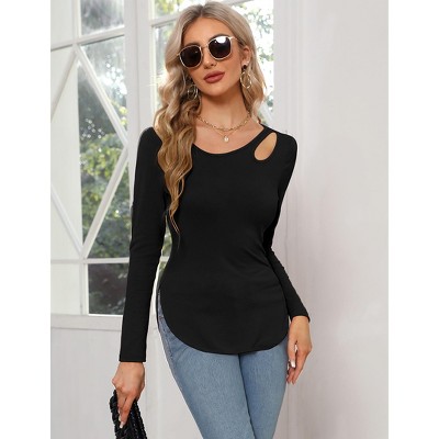 Clearlove Women’s Long Sleeve Cutout Asymmetrical Neck Tshirt Slim Fit Tunic Blouse with Side Split Slit Casual Solid Tops