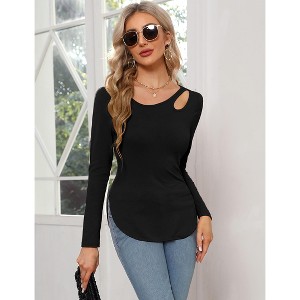 Clearlove Women’s Long Sleeve Cutout Asymmetrical Neck Tshirt Slim Fit Tunic Blouse with Side Split Slit Casual Solid Tops - 1 of 4