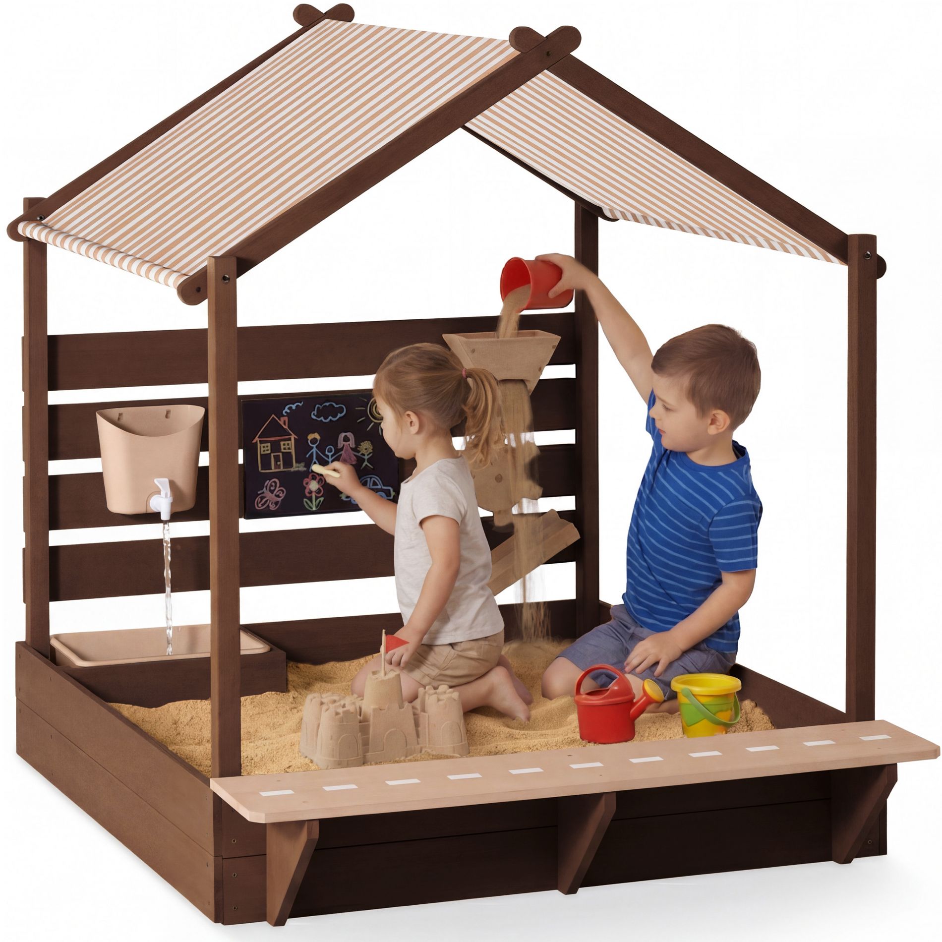 Best Choice Products Deluxe Wooden Sandbox with Canopy, Water Table, Bench Seat, Outdoor Kids Playset - Beige