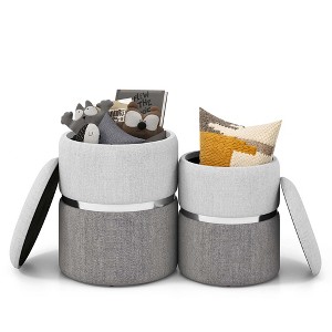 Costway Linen Fabric Storage Ottoman Set of 2 Modern Round Ottoman with Storage for Bedroom - 1 of 4