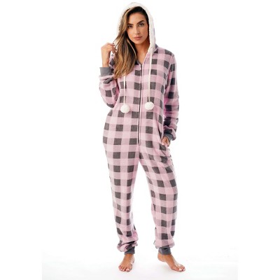 Just Love Womens One Piece Buffalo Plaid Adult Bodysuit Faux Sherling Lined Hoody Pajamas