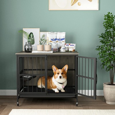 LAOTIES Modern Dog Crate Furniture,Double Door Kennel with Removable Tray And Feeding Bowls