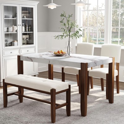 4 Piece Dining Table Set For 4-Person, 46" Faux Marble Style Rectangular Table Set With 2 Upholstered Chairs&1 Bench