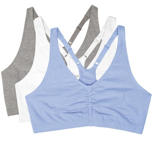 Fruit of the Loom Women's Plus Shirred Front Racerback Sports Bra 3-Pack  Heather Grey/White/Blue Gem 42