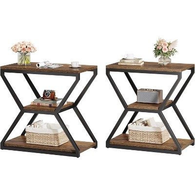 3-Tier End Side Table, Small Industrial Side Table with Storage Shelves for Living Room, Wood Accent Bedside Nightstand with Metal Frame