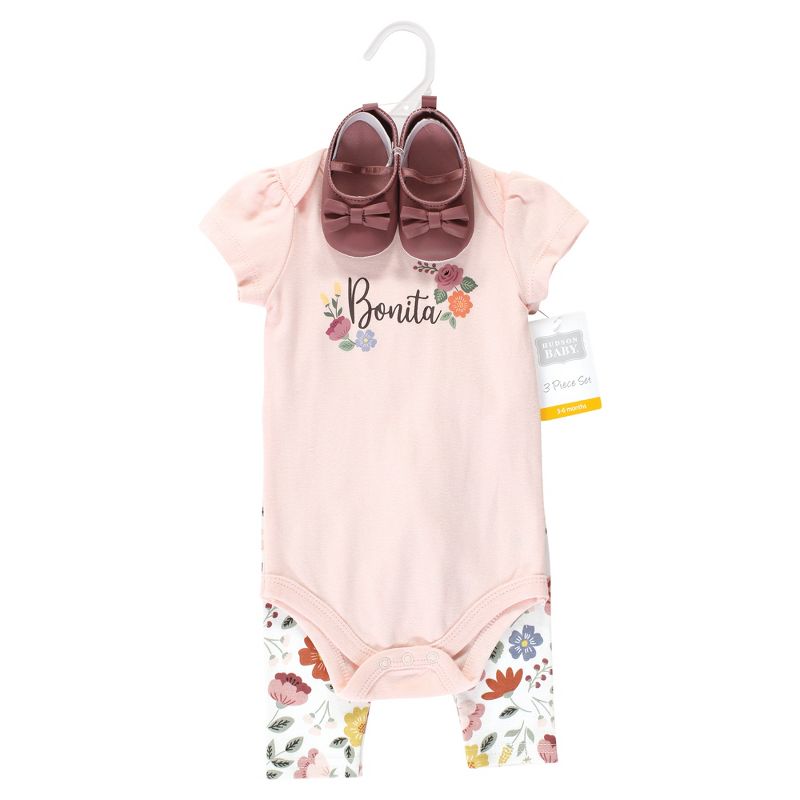 Hudson Baby Infant Girl Cotton Bodysuit, Pant and Shoe Set, Bonita Short Sleeve, 2 of 6
