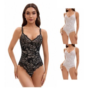 INSPIRE CHIC 3 Packs Women's V-Neck Tummy Control Bodysuit Sleeveless Floral Lace Leotard Body Shapers - 1 of 4