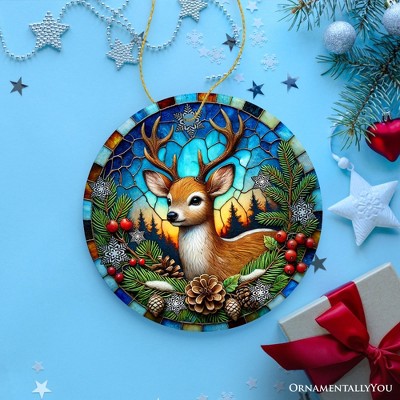 Majestic Winter Deer with Holly Branches Porcelain Ornament