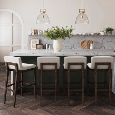 Gracie Dark Brown Wood Bar Stools with Cream Boucle Upholstery, Set of 4