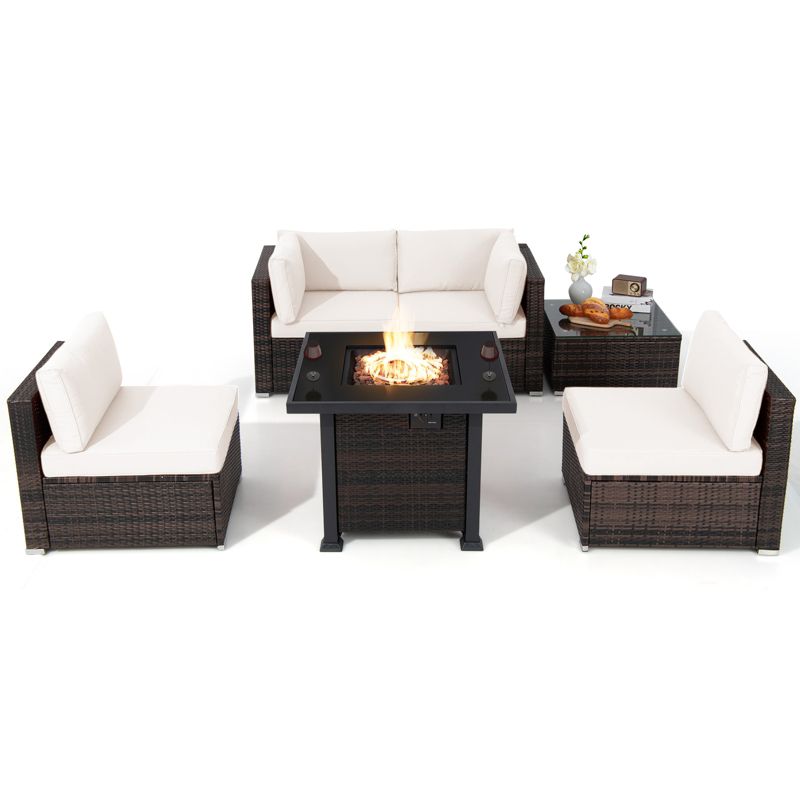 Tangkula 6 Piece Patio Wicker Conversation Set, Outdoor Rattan Sofa Set w/ 32" Propane Fire Pit Table, 50,000 BTU Heat, Tempered Glass Tabletop Black/Navy Blue/Red/Turquoise/Off White, 1 of 11