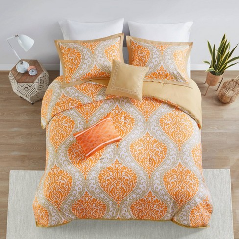 Orange Chelsea Comforter Set Full Queen 5pc Intelligent Design Hypoallergenic Microfiber Damask Pattern Includes Decorative Pillows Shams