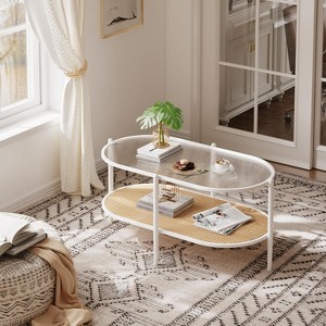 37" Oval Coffee Table, 2-Tier Cocktail Tea Center, Rattan Storage, Metal Frame, Water-Wave Glass Top, Black - 1 of 4