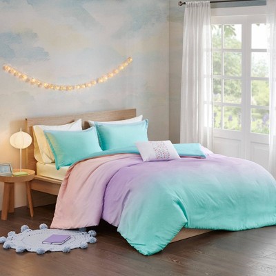 Full/Queen Aqua and Pastel Purple Ombre Glitter Duvet Cover Set