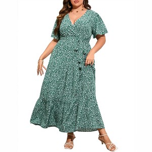 BLUEMING Summer Maxi Dress for Plus Size Women Tie Wasit Surplice Dress Flutter Sleeve A-Line Dress - 1 of 4