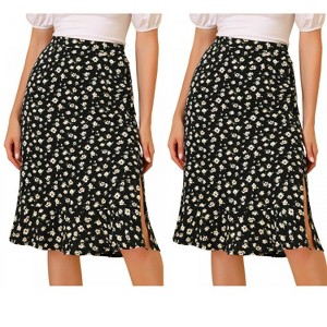 INSPIRE CHIC Women's Floral Ruffle Elastic High Waist Button Flowy Split Skirt 2 Packs - 1 of 4