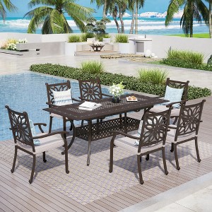 Captiva Designs Outdoor 7Pc Cast Aluminum Square Metal Dining Table with Umbrella Hole & Flower Back Chairs - 1 of 4