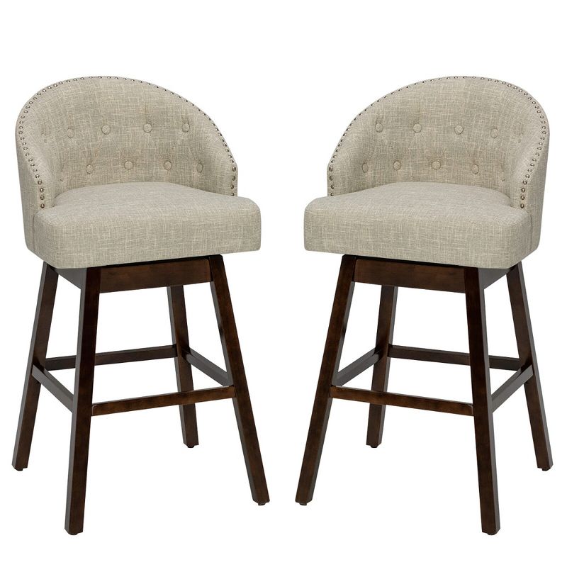 Tangkula Set of 2 Swivel Bar Stools Tufted Bar Height Pub Chairs w/ Rubber Wood Legs, 1 of 10