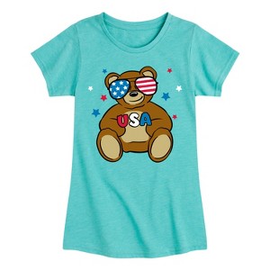 Girls' - Instant Message - Teddy Bear USA Red White Blue Sunglasses Fitted Short Sleeve Graphic T-Shirt - 1 of 4