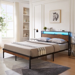 King Size Metal Platform Bed with Wooden Headboard and Footboard for Bedroom or Apartment - 1 of 4