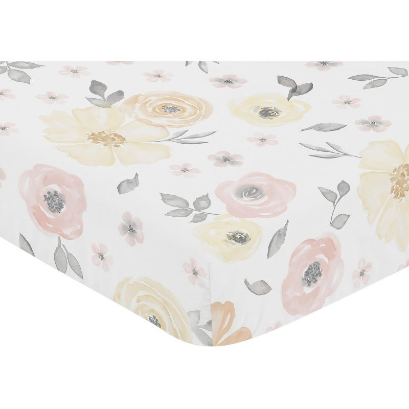 Sweet Jojo Designs Girl Baby Fitted Crib Sheet Watercolor Floral  Yellow Pink and Grey, 3 of 7