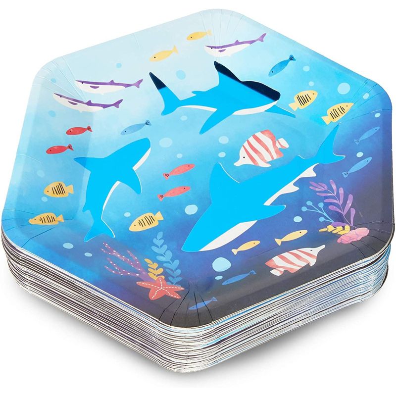 Blue Panda 48 Pack Blue Shark Disposable Paper Plates Hexagon 9 Inch for Kids Birthday Party Supplies & Decorations, 5 of 7