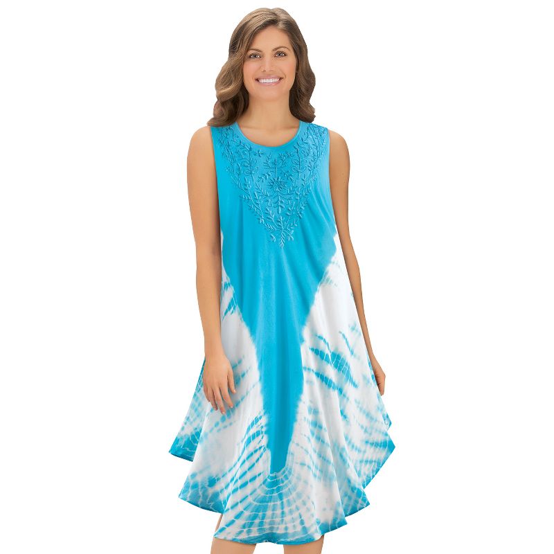 Collections Etc Woven Tie Dye Dress with Embroidery Scooped Neckline, Lightweight Beach Coverup, 2 of 4