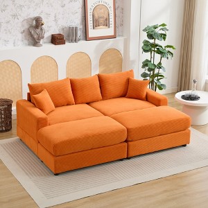 Oversize 82" Corduroy Upholstery Sectional Sofa Bed with 2 Pillows and 2 Movable Ottoman - 1 of 4