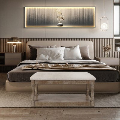 Beige Linen Upholstered Bench with Storage Shelf