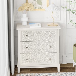 JIONJOY Floral 3-Drawer Dresser - Fully Built MDF Cabinet with Filigree Cutouts, Distressed White Finish & Bronze Pulls - 1 of 4