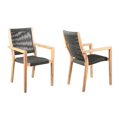 2pk Madsen Outdoor Dining Chairs in Teak Finish with Charcoal Rope - Armen Living