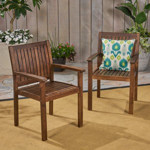 Set of 2 Rustic Acacia Wood Outdoor Dining Chairs, Teak Finish with Slat Panel Design, Weather-Resistant & Stylish Seating-Coolbibila - 1 of 4