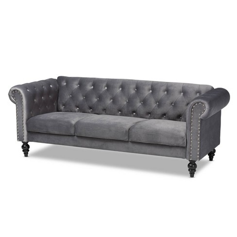 Emma Velvet Upholstered Button Tufted Chesterfield Sofa Gray/black ...