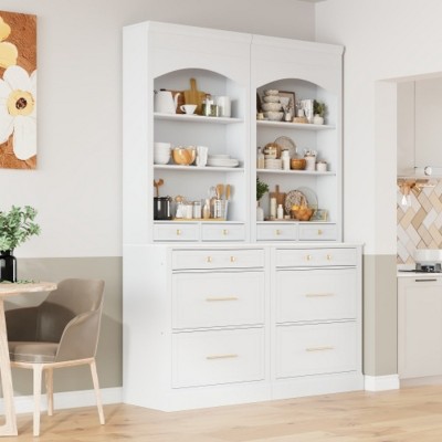 Set of 2 Tall Kitchen Pantry Cabinets with Drawers and Faux Marble Countertop, Freestanding Storage Cupboards for Dining Room–Maison Boucle