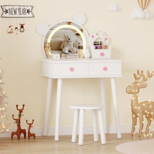 Bear-Shaped Kids Vanity Set with Lights, Wooden Makeup Desk & Stool, Princess Toddler Play Vanity Table for Bedroom, Perfect for Little Girls - 1 of 4