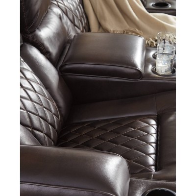 Brown Faux Leather Power Reclining Sofa with Storage and Cup Holders